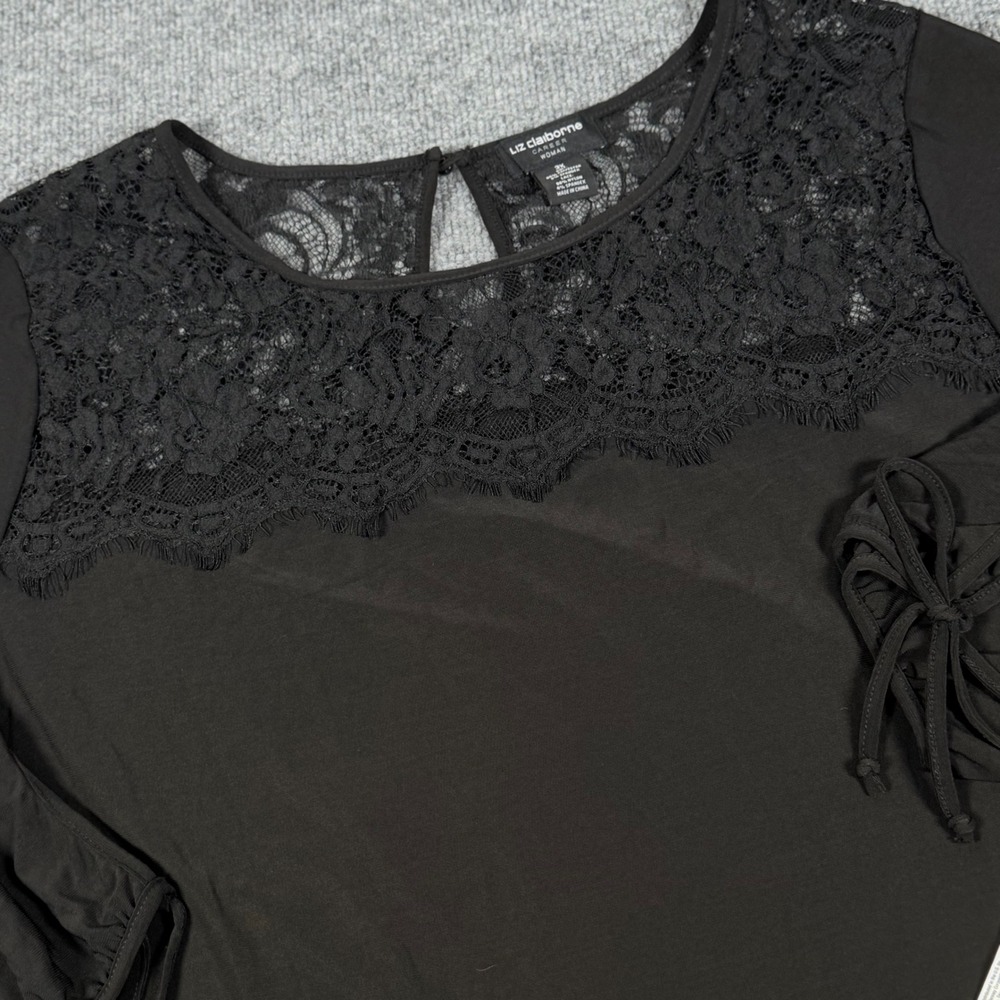 Liz Claiborne Career Woman Black Lace Neck Tunic 3X Tie Sleeve Keyhole Back NEW